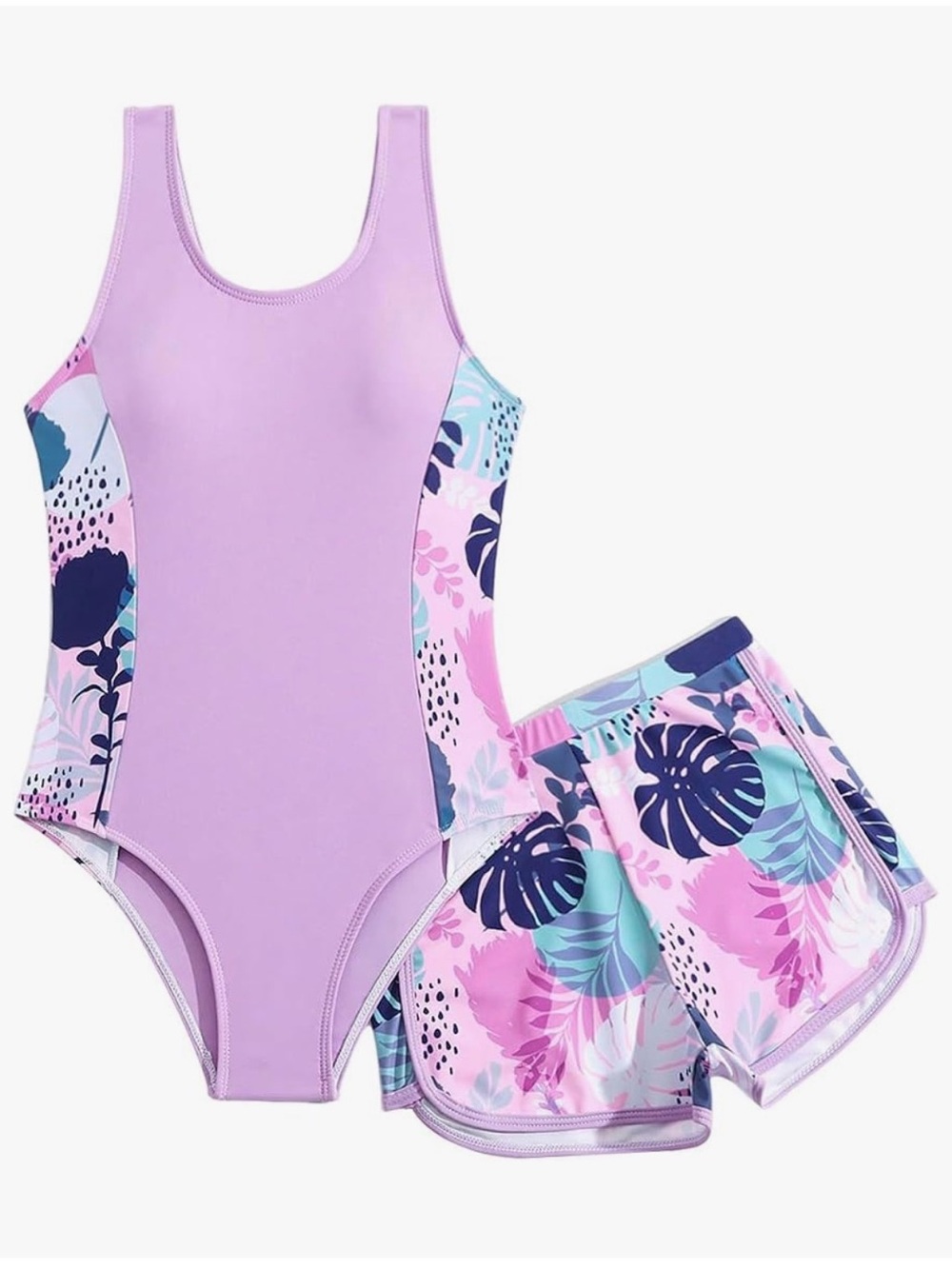 Girls' Lavender Floral One-Piece Swimsuit with Matching Swim Shorts